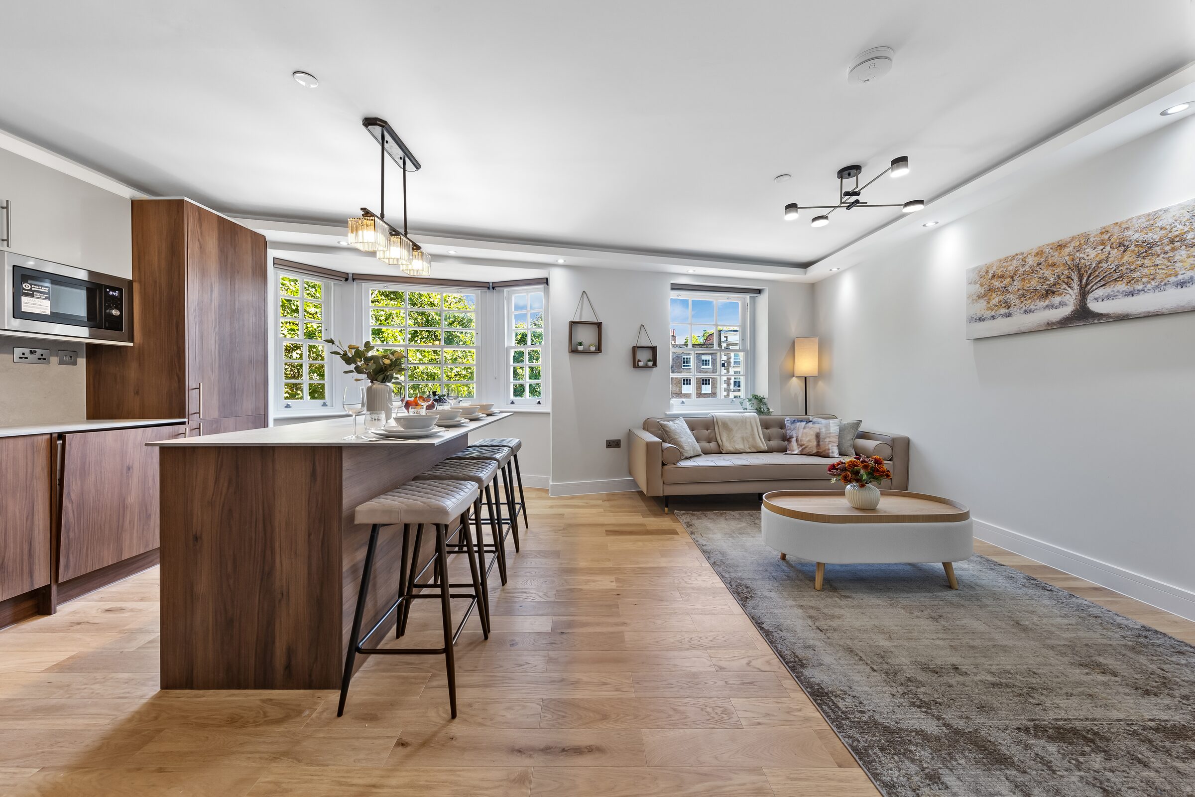 Living room and dining, tree artwork