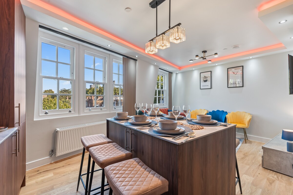 Kitchen island and living area